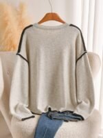 Elorivane Plus Size Apricot Sweater, Cross-Stitch Drop Shoulder Loose Pullover, Minimalist Autumn Winter Casual Top - Image 2