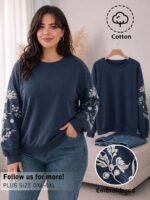 Elorivane Plus Size Floral Embroidery Sweatshirt, Crew Neck Long Sleeve Elegant Top, Spring Fall - Image 9