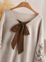 Elorivane Plus Floral Bow Decor Curve Hem Pullover Sweater, White Fall Top - Image 4