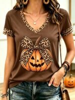 Elorivane Plus Size Halloween Leopard Print Pumpkin Bow Graphic Short Sleeve T-Shirt - Image 4