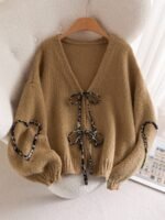 Elorivane Plus Size Apricot Cardigan, Tie-Front Knot, Cute Kawaii Autumn Date Office Sweater - Image 8