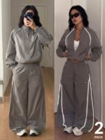 Elorivane Women White 2-Piece Outfit, Reflective Lapel Coat & Parachute Cargo Pants, Streetwear Athleisure Set - Image 39
