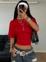 Elorivane Women Dark Grey Ruched Crop Tee, Loose Stretchy Y2K Grunge Summer Streetwear Top - Image 34