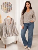 Elorivane Plus V-Neck Colorful Chunky Knit Pullover Sweater, Winter Top - Image 3