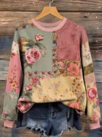 Elorivane Plus Size Vintage Floral Patchwork Sweatshirt, Crew Neck Pullover Top, Fall Winter Casual Wear - Image 6