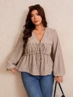 Elorivane Plus Size Blue Ditsy Floral Blouse, V-Neck Tie Long Sleeve Top, Romantic Fall Daily Home Wear - Image 12