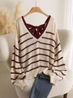 Elorivane Plus Size Striped Sweater, V-Neck Long Sleeve Pullover with Bow Back, Autumn Winter Casual Top - Image 7