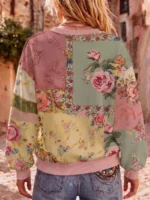 Elorivane Plus Size Vintage Floral Patchwork Sweatshirt, Crew Neck Pullover Top, Fall Winter Casual Wear - Image 5