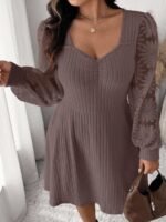 Elorivane Plus Size Sweetheart Neck Dress, Ruched Ribbed Long Sleeve Casual Dress, Fall Wear - Image 32