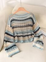 Elorivane Plus Size Blue White Striped Sweater, Hollow Out Boat Neck Cropped Long Sleeve, Fall Winter Loose Top - Image 6