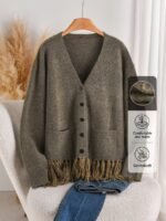 Elorivane Plus Size Fringe Cardigan, French Minimalist Thick Knit Sweater Jacket, Autumn Winter Elegant Casual Outerwear - Image 4