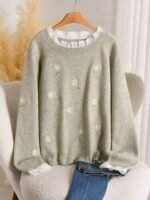 Elorivane Plus Size Knit Sweater, Daisy Ruffle Patchwork French Style, Embroidered Trim Versatile Autumn Winter Pullover Top - Image 6