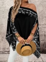 Elorivane Plus Size Women Floral Print Asymmetrical Shoulder Shirt, Fall Daily Casual - Image 9