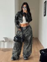 Elorivane Women Plus Size Black PU Cropped Jacket, Long Sleeve Y2K Vintage Streetwear Fall Coat - Image 2