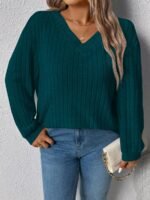 Elorivane Plus Size Loose V-Neck Wide Ribbed Pullover Sweatshirt for Autumn Winter Back To School Graduation Teacher Casual Wear - Image 38