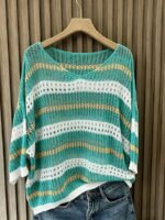 Elorivane Plus Size Contrast Stripe Knit Top, Round Neck Cutout Crochet Detail Loose Fit, Fall Casual Wear - Image 5