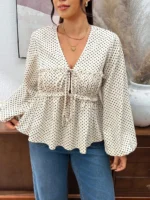 Elorivane Plus Size Blue Floral Blouse, V-Neck Tie Long Sleeve Top, Daily Commute Going Out Wear - Image 18