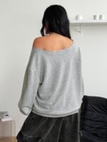 Elorivane Women Plus Size Grey Wash Sweatshirt, Asymmetrical Shoulder Grommet Long Sleeve Y2K Fall Winter Top - Image 23