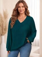 Elorivane Plus Size Loose V-Neck Wide Ribbed Pullover Sweatshirt for Autumn Winter Back To School Graduation Teacher Casual Wear - Image 34