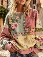 Elorivane Plus Size Vintage Floral Patchwork Sweatshirt, Crew Neck Pullover Top, Fall Winter Casual Wear - Image 4