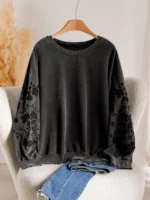 Elorivane Plus Size Floral Embroidery Sweatshirt, Crew Neck Long Sleeve Elegant Top, Spring Fall - Image 5