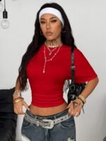 Elorivane Women Dark Grey Ruched Crop Tee, Loose Stretchy Y2K Grunge Summer Streetwear Top - Image 37