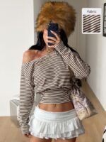 Elorivane Women Green Striped Asymmetrical Shoulder Top, Stretchy Long Sleeve Y2K Streetwear Tee - Image 27