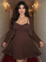 Elorivane Plus Size Brown 2-Piece Set, Wrap Spaghetti Strap Mini Dress & Cardigan, Casual Spring Summer Autumn Outfit - Image 5