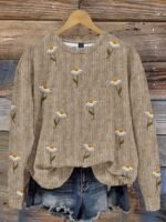 Elorivane Plus Size Beige Vintage Embroidered Crew Neck Loose Pullover - Image 5