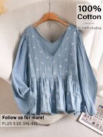 Elorivane Blue White Embroidered Blouse, Long Sleeve Cute Boho Shirt, Autumn Daily Vacation Top - Image 2