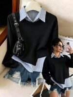 Elorivane Plus Size Linen Striped Patchwork Collared Pullover Sweatshirt for Autumn Daily Wear & Holidays - Image 6