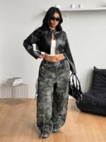 Elorivane Women Plus Size Black PU Cropped Jacket, Long Sleeve Y2K Vintage Streetwear Fall Coat - Image 4