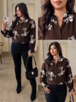 Elorivane Plus Size Brown Floral Embroidered Shirt, Elegant Versatile Top for Office Brunch Evening, Autumn Casual Wear