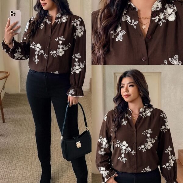 Elorivane Plus Size Brown Floral Embroidered Shirt, Elegant Versatile Top for Office Brunch Evening, Autumn Casual Wear
