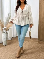 Elorivane Plus Size Blue Ditsy Floral Blouse, V-Neck Tie Long Sleeve Top, Romantic Fall Daily Home Wear - Image 26