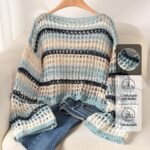 Elorivane Plus Size Blue White Striped Sweater, Hollow Out Boat Neck Cropped Long Sleeve, Fall Winter Loose Top