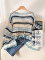 Elorivane Plus Size Blue White Striped Sweater, Hollow Out Boat Neck Cropped Long Sleeve, Fall Winter Loose Top