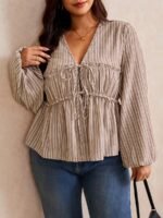 Elorivane Plus Size Blue Ditsy Floral Blouse, V-Neck Tie Long Sleeve Top, Romantic Fall Daily Home Wear - Image 13