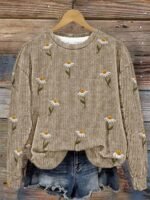 Elorivane Plus Size Beige Vintage Embroidered Crew Neck Loose Pullover - Image 4