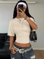 Elorivane Women Dark Grey Ruched Crop Tee, Loose Stretchy Y2K Grunge Summer Streetwear Top - Image 15