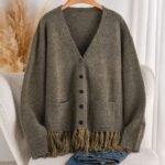 Elorivane Plus Size Fringe Cardigan, French Minimalist Thick Knit Sweater Jacket, Autumn Winter Elegant Casual Outerwear