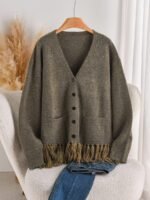 Elorivane Plus Size Fringe Cardigan, French Minimalist Thick Knit Sweater Jacket, Autumn Winter Elegant Casual Outerwear