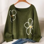 Elorivane Plus Size Green Sweater, 3D Floral Embroidered Knit Pullover, Cute French Style Autumn Winter Date Top