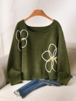 Elorivane Plus Size Green Sweater, 3D Floral Embroidered Knit Pullover, Cute French Style Autumn Winter Date Top