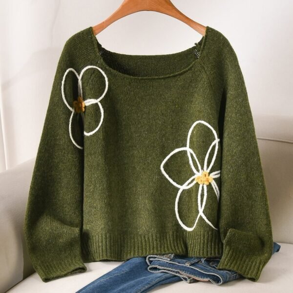Elorivane Plus Size Green Sweater, 3D Floral Embroidered Knit Pullover, Cute French Style Autumn Winter Date Top