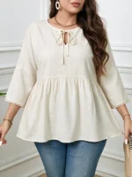 Elorivane Plus Size Navy Blue 90s Vintage Floral Print Peplum Shirt Boho Vacation Top for Summer Casual Wear - Image 13