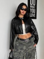 Elorivane Women Plus Size Black PU Cropped Jacket, Long Sleeve Y2K Vintage Streetwear Fall Coat - Image 7
