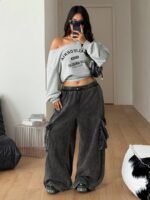 Elorivane Women Plus Size Grey Wash Sweatshirt, Asymmetrical Shoulder Grommet Long Sleeve Y2K Fall Winter Top - Image 22