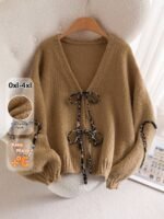 Elorivane Plus Size Apricot Cardigan, Tie-Front Knot, Cute Kawaii Autumn Date Office Sweater - Image 7