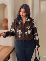 Elorivane Plus Size Brown Floral Embroidered Shirt, Elegant Versatile Top for Office Brunch Evening, Autumn Casual Wear - Image 9